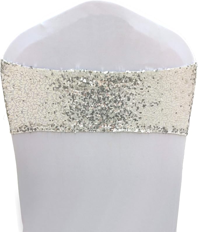 High Elastic Sequin Chair Sashes Bands for Wedding Party Decoration Soft Sashes, Shining Sequin Chair Bows for Party Decoration Home (50PCS, Silver1)