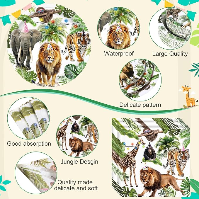 Potchen 452 Pcs Party Supplies Serve 50 Guests, Paper Plates Napkins Cups Cutlery Plastic Tablecloth Dinnerware for Birthday Wedding Party Decoration(Forest Green, Wild Animals)