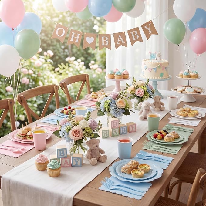Qinyoung 388 Pcs Pastel Rainbow Plates and Napkins Party Supplies Tableware Include Disposable Scalloped Plate Paper Napkin Cup Plastic Cutlery for Baby Shower Gender Reveal Birthday Party, 48 Sets