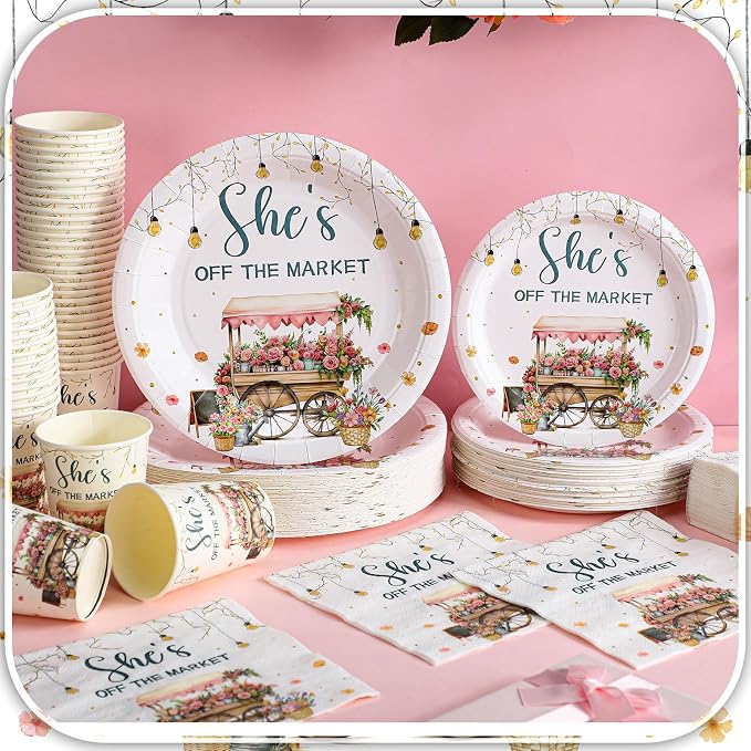 Zhehao 200 Pcs She's off the Market Bridal Shower Plates Napkins Sets Bridal Shower Decoration Wedding Decorations Wedding Paper Plates Engagement Bachelorette Supplies, Serve 50
