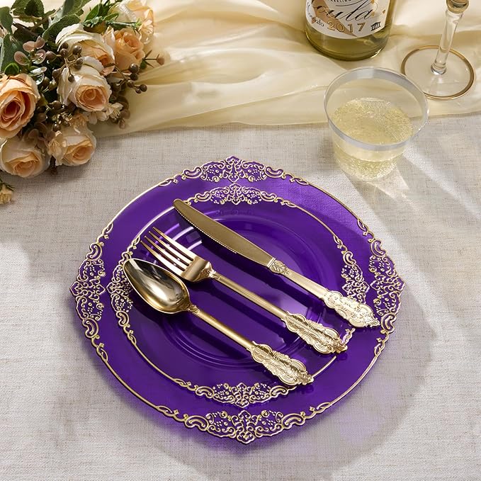 Goodluck 250 PCS Vintage Translucent Purple & Gold Rim Plastic Plates with Cutlery Set - Serves 50 - Heavy Duty Elegant Disposable Dinnerware for Sweet 16, Mardi Gras, Bridal Shower