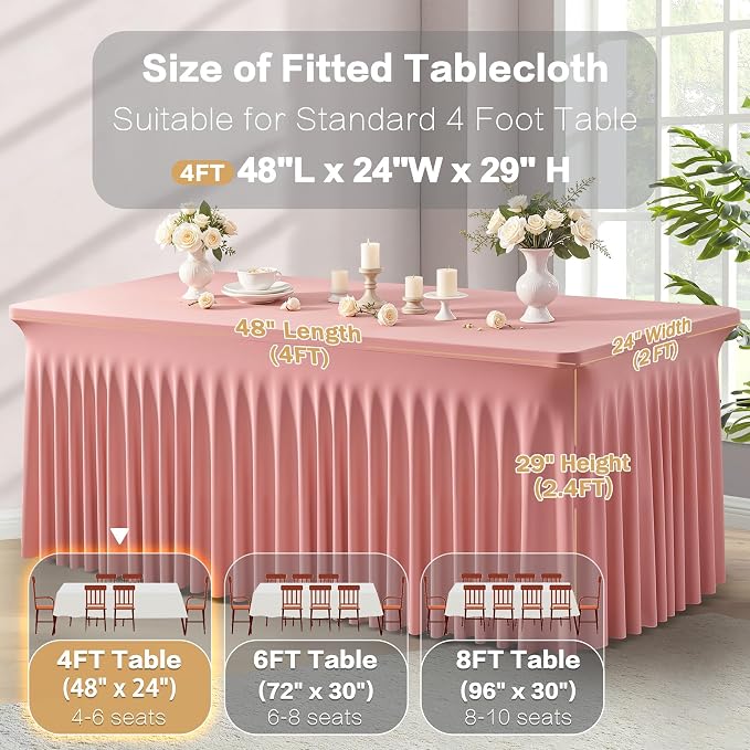 2 Packs Dusty Rose Spandex Table Cloths 4 Foot, Fitted Stretch Table Cover with Skirts 24x48 Inch, Wrinkle-Free Floor Length Tablecloths Rectangular for Weddings Parties Banquets Events Decorations