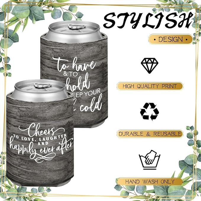 Qinyoung 50 Pieces Wood Grain Wedding Can Cooler Sleeves Bulk Engagement Party Favors for Guests Cheers to Love Laughter and Happily Ever After Rehearsal Dinner Decorations for Wedding Bridal