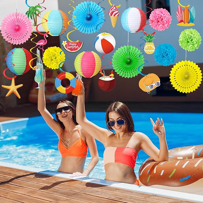 Crtiin 28 Pcs Beach Party Decorations Paper Lanterns Pom Poms Fans Spiral Cardboard Hanging Ornaments Hawaiian Tropical Themed Decor for Summer Pool Beach Birthday Party Supplies