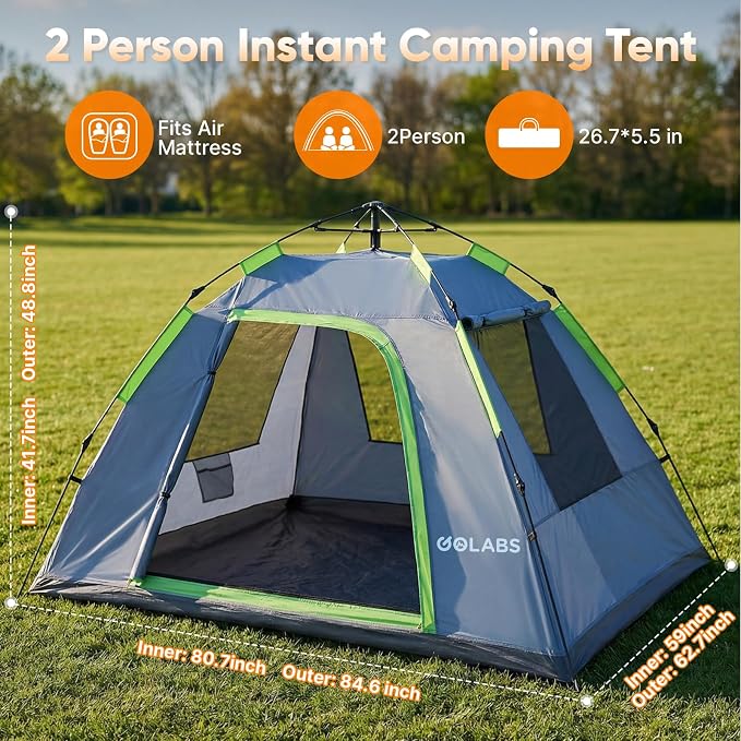 Golabs Pop Up Camping Tent for 2/3/4 Person, 1-Min Setup by Pre-Attached Pole, 4 Side Mesh& Door for View/Airflow, CT2 Instant Canopy Tent with PU1500mm Waterproof, for Outdoor/Camping/Music Festivals