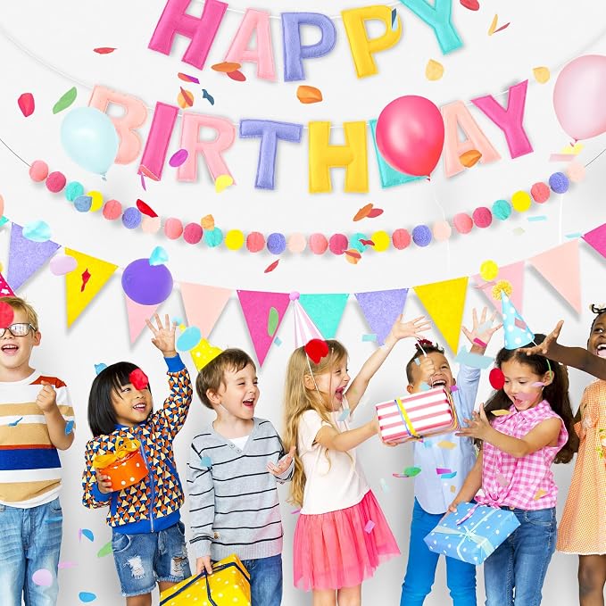 CANREVEL Pre-Strung 3D Happy Birthday Banner, 3 PCS Happy Birthday Felt Garland, Pom Pom Garland, Triangle Fabric Garland Bunting, Reusable Birthday Decorations for Women Men Girls Boys, Pastel Candy