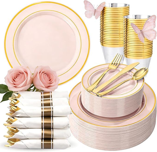 WDF Partyware 350PCS Pink Disposable Plates - Pink Plastic Plates 50Guests Plastic Dinnerware Sets with Rolled Napkins for Wedding/Birthday/Baby shower/Mother's Day