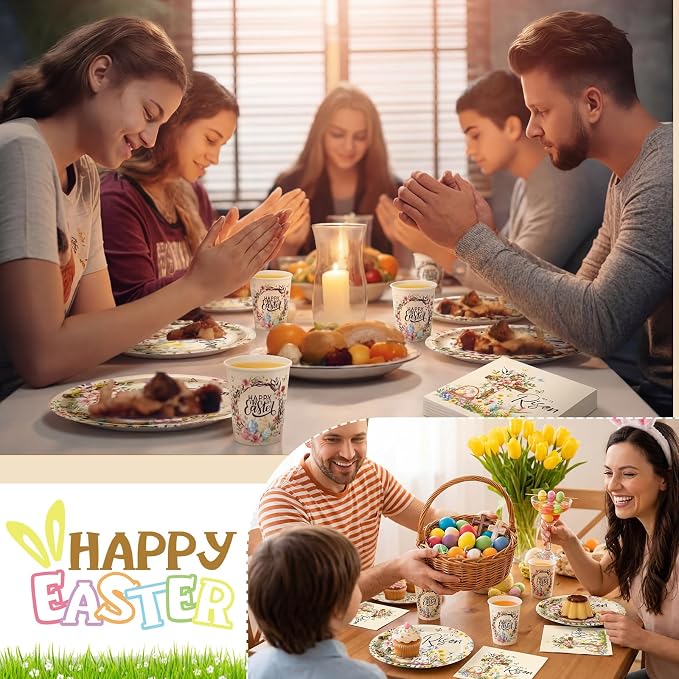 Vesici 150 Pcs Easter Cross Paper Plates and Napkins Set-serves 50, 10'' x 12'' Large Bunny Flower Tableware Disposable Primary Cross Paper Plates Cups Napkin for Spring Easter Birthday Party Supplies