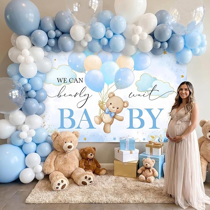 270 Pcs Blue Bear Baby Shower Decorations: We Can Bearly Wait Baby Shower Banner Disposable Plates Napkins Cups Tablecloth Balloons for Boy Serve 24