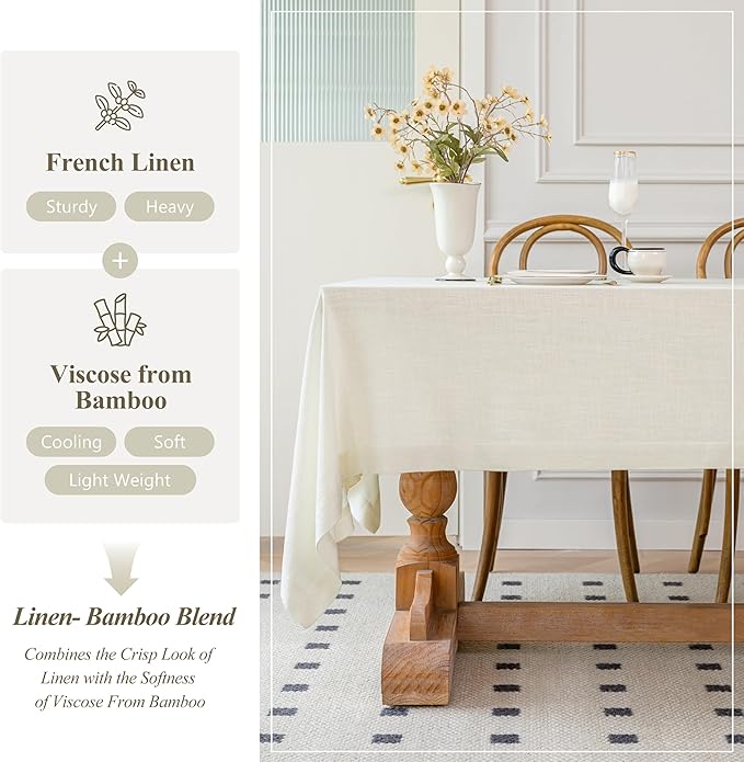 Linen World Linen Tablecloth 132x90 Inch, Rectangular Tablecloth Luxury Texture & Linen Look – Soft, Cool & Breathable Linen Blend Tablecloth for Dining, Kitchen, Outdoor, Easter-Creamy White