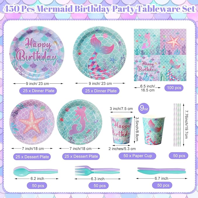 450 Pcs Mermaid Birthday Party Tableware Set Decorations Mermaids Paper Plates Napkins Cups Cutlery Straws for Girls Ocean Under the Sea Themed Birthday Party Supplies, Serves 50