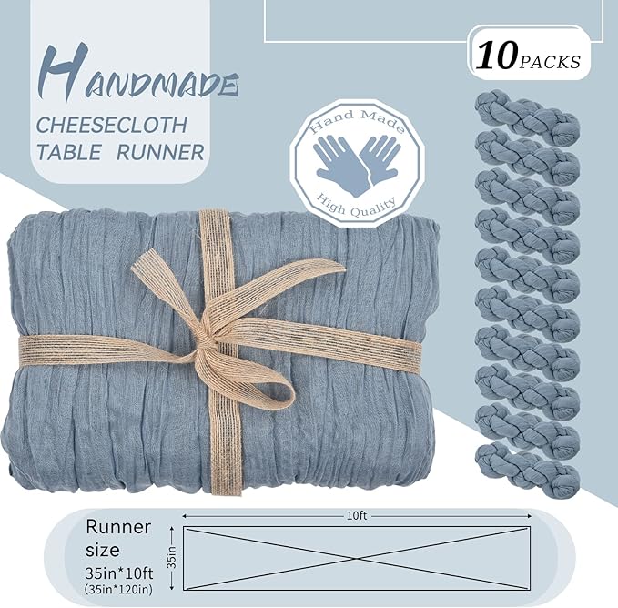 10 Pack Cheesecloth Gauze Table Runners, 10ft x 35" Rustic Boho Dusty Blue Wedding Table Runner Decor Cloth for Wedding Party Bridal Shower