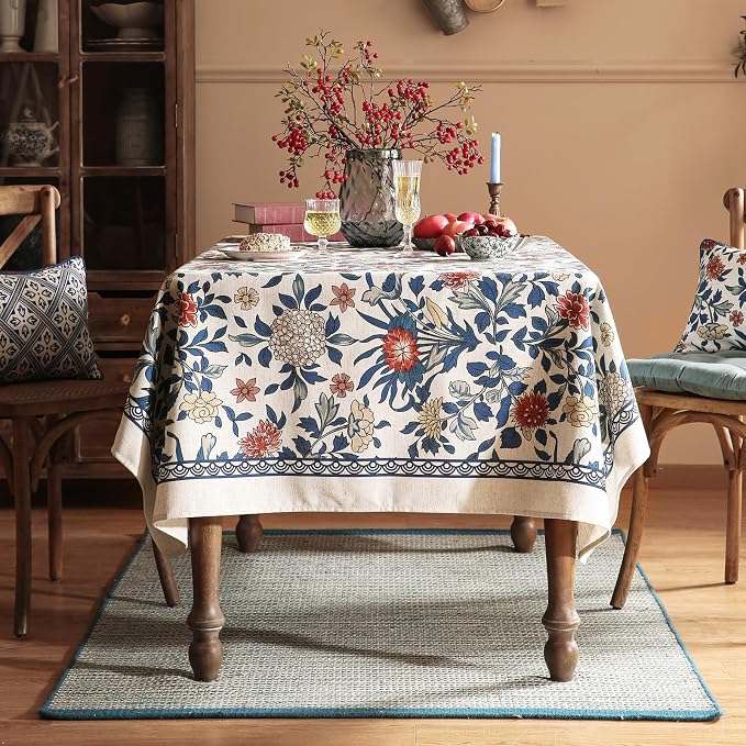 patdrea Vintage French Linen Tablecloth,Rectangular,118"x67"-Ivar A | Elegant Colorful Long Table Cloth for Rectangle Table,Blue and White Floral Patterned,Dining Room Tea Party Thanksgiving