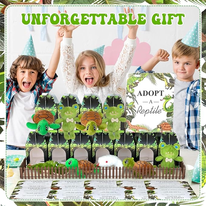 38 Pcs Adopt a Pet Reptile Party Favors Include 12 Safari Reptile Plush 12 Foldable Boxes 12 Cards 1 Sign 1 Fence for Adopt an Animal Party Favors Amphibian Supplies Kit