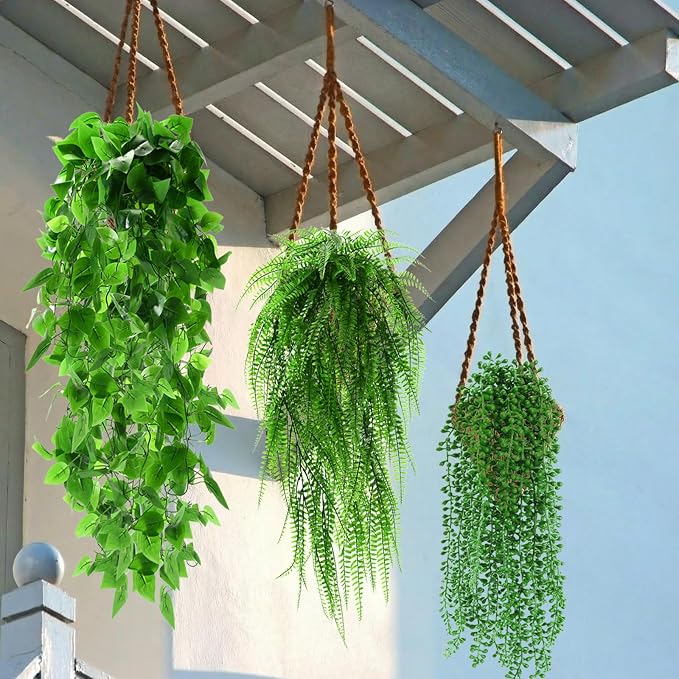 Daifunli 24 Pcs Artificial Hanging Plants Fake Hanging Ferns Plastic Faux Plants for Wall Room Garden Garland Indoor Outdoor Decor No Basket (Boston,Eucalyptus,Ivy Vine,String of Pearls)