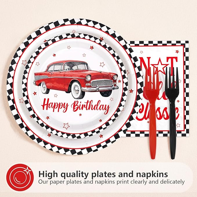 96Pcs Classic Car Birthday Party Decorations I am Not Old I am Classic Birthday Plates and Napkins Sets Vintage Red Car and Star Decorations for Men Vintage Cars Father's Day Party Supplies Serves 24