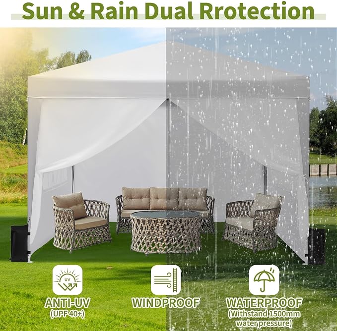 White 10x10 Pop-Up Canopy Tent with 4 Sidewalls – Portable Instant Shelter, Waterproof Outdoor Gazebo for Camping, Parties, Backyard & Beach Activities