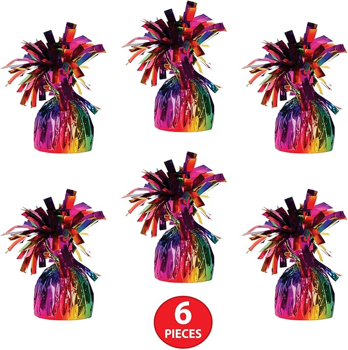 Beistle 6 Piece Rainbow Metallic Plastic Wrapped Balloon Weights for Birthday Parties, Colorful Celebrations and Events, Table Decorations for Any Theme, 6 Oz
