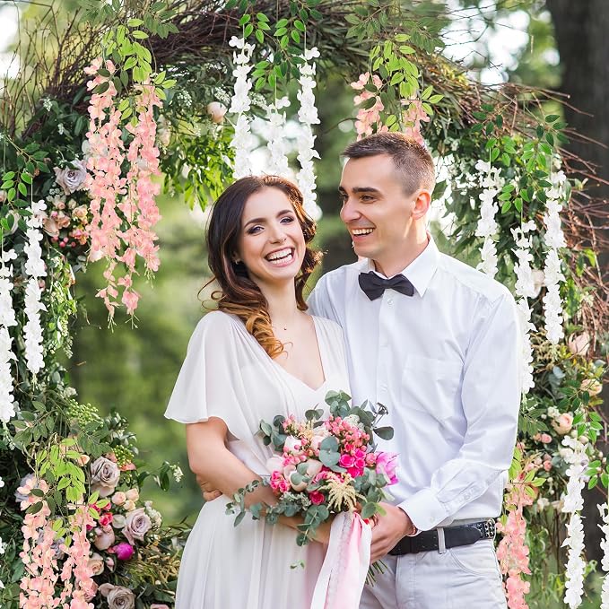 24Pcs Artificial Wisteria Hanging Flowers, 3.6Ft/Pcs White & Pink Fake Wisteria Garland for Wedding Party Home Garden Indoor Outdoor Decoration