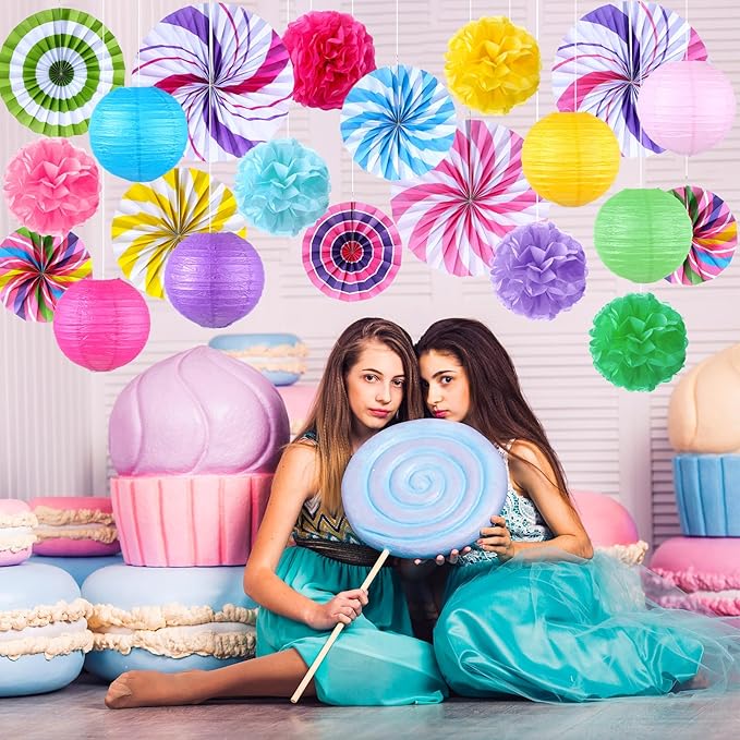Outus Hanging Decorations Candy Party Paper Fans Lollipop Tissue Pom Poms Colorful Candy Themed Paper Lanterns for Candyland Party Supplies Classroom Ceiling Wall Decor