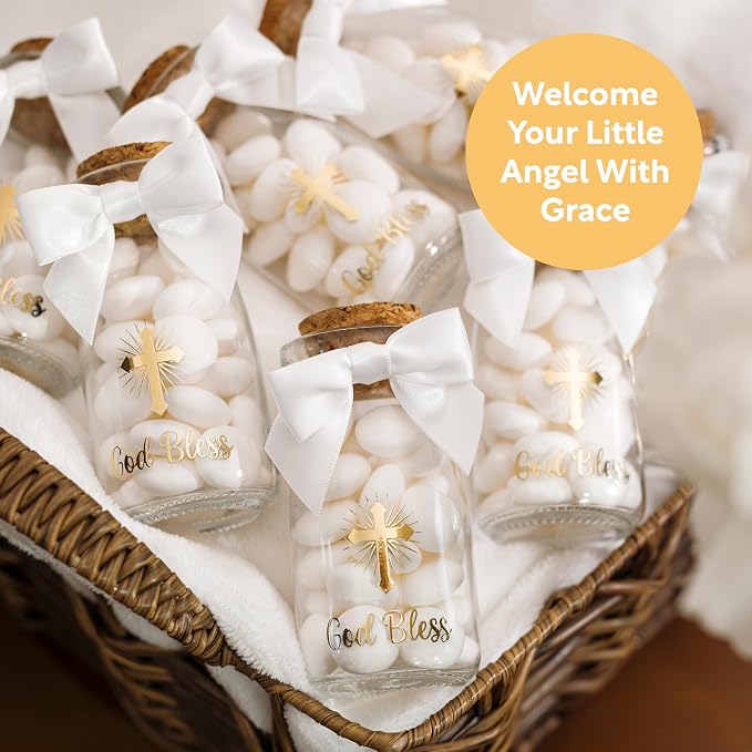 Ethisa Vintage 12 Pack Baptism Glass Bottles with Ribbons and Stickers - Classy God Bless Party Favors for Baptism and 1st Communion - Bautizo Table Centerpiece Decoration - Baby Christening Candy Jar
