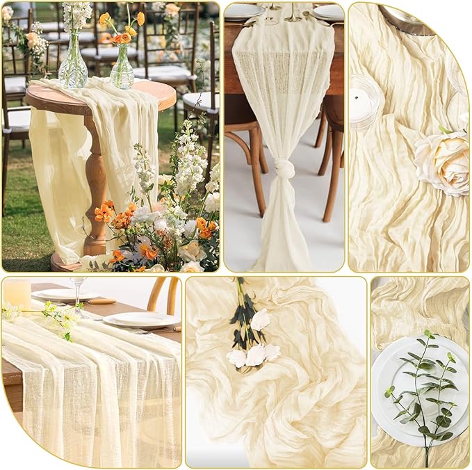 20 Pack Ivory Cheesecloth Table Runner 10FT Long Boho Gauze Fabric Table Runner Vintage Rustic Sheer Runners for Wedding Party Bridal Baby Shower Table Decorations