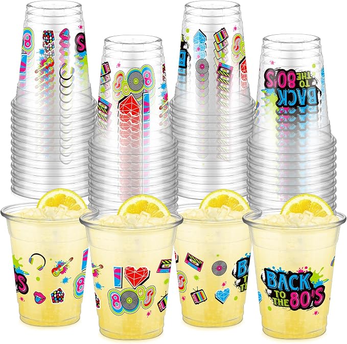 FoldTier 50 Pcs 80s Cups 12 oz Plastic Clear Birthday Glasses Disposable Music Theme Drinking Cups for Home Party Back to the 80s Theme Birthday Favors Supplies Decoration(80s)