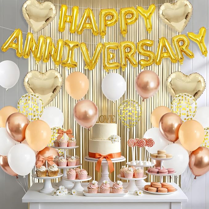 Anniversary Decorations Gold Sand White,Happy Anniversary Balloon Banner with Heart Foil Balloons Fringe Curtain for Wedding Party Valentine's Day Romantic Night