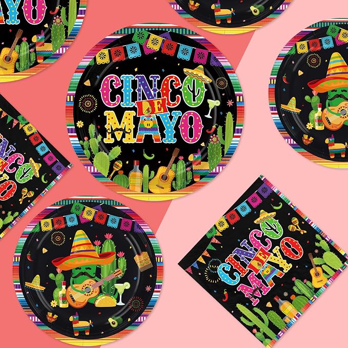 250Pcs Cinco De Mayo Decorations Mexican Fiesta Plates and Napkins Black Mexico Taco Fiesta Decorations Favors for Mexican Cinco De Mayo Festive Party Supplies Serves 50