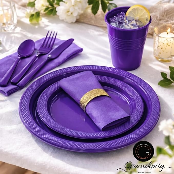 Grandipity 350 Piece Purple Disposable Dinnerware Set, Includes 50 of Each: 9" Dinner Plates, 7" Dessert Plates, 12oz Cups, Paper Napkins, Forks, Knives & Spoons