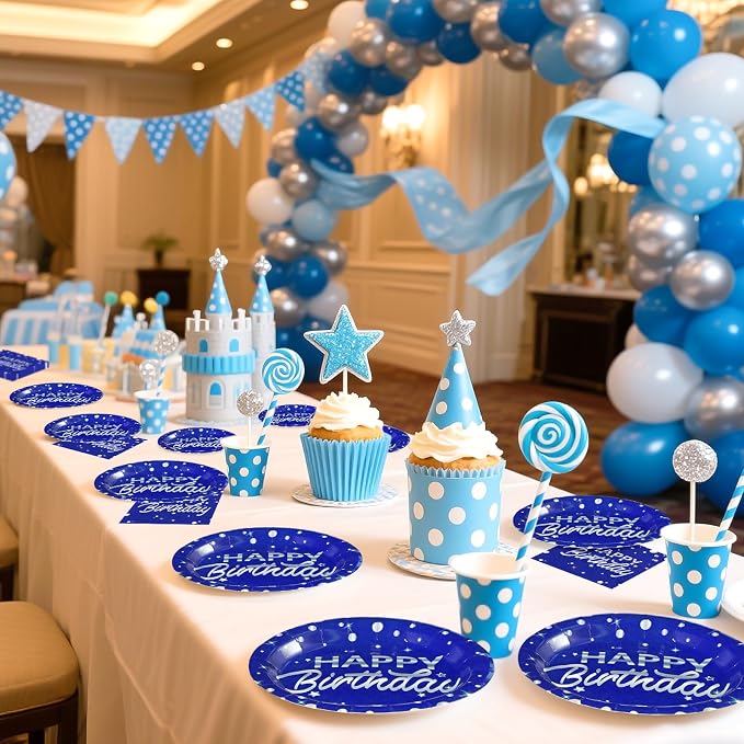 96Pcs Blue and Silver Birthday Party Decorations Silver Polka Dots on Blue Paper Plates and Napkins Disposable Tableware for Men Birthday Party Father's Day Graduation Decorations 2026 Serves 24