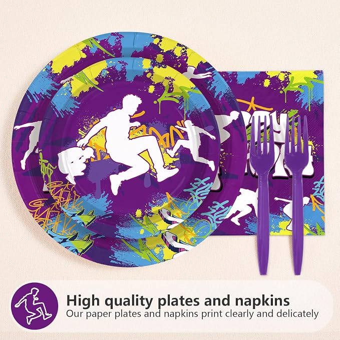 96Pcs Parkour Birthday Party Decorations Purple Happy Birthday Plates and Napkins Parkour Theme Tableware Set for Men Women Extreme Sports Run and Jump Party Supplies Serves 24