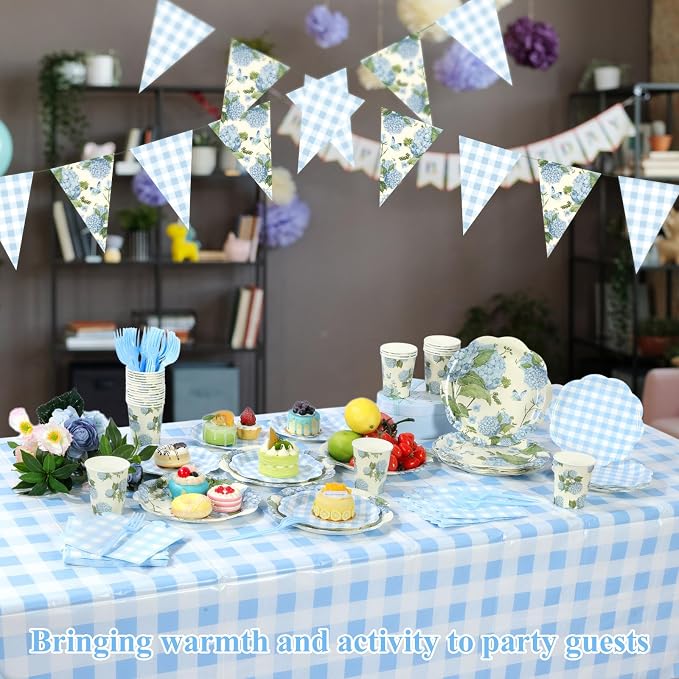 LemonRoad 128 Pcs Blue Hydrangea Party Decorations for 25, Blue and White Hydrangea Floral Checkered Paper Plates Napkins Cups Tablecloth Forks Banner for Bridal Baby Shower Birthday Tea Party Supply