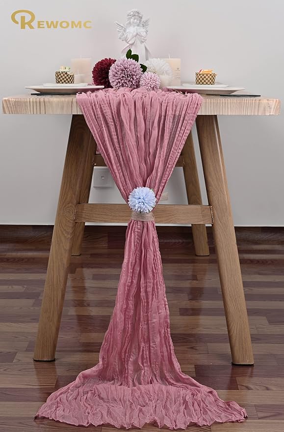 10 Pcs Dusty Rose Cheesecloth Table Runner 10FT, Gauze Table Runner for Wedding Reception Sheer Bridal Shower Birthday Party Boho Table Decoration, Rustic Romantic Wedding Runner