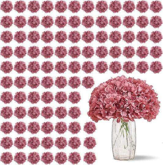 100 PCS DustyRose Hydrangea Artificial Flowers, Silk Full Flowers Heads with Stems for Wedding Centerpieces, Home, Garden, Baby Shower, Party Decoration