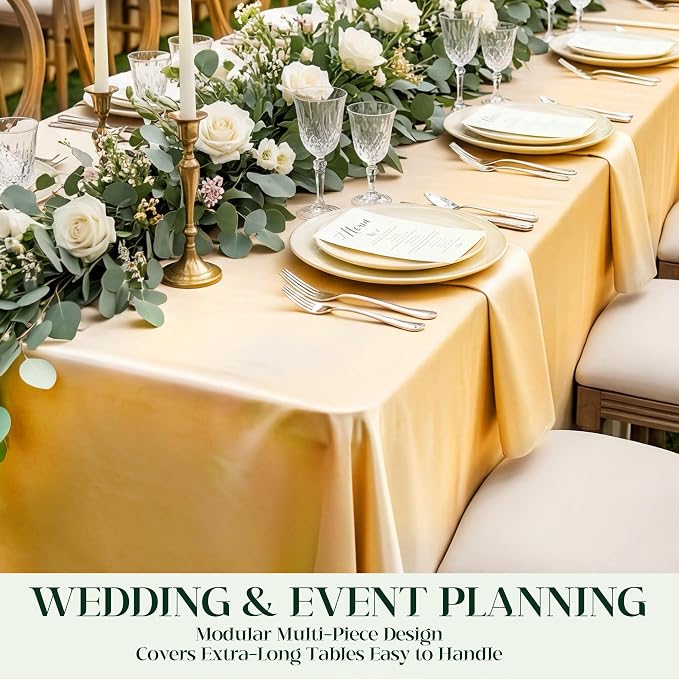 4 Pack Gold Satin Tablecloth 58 x 102 Inches, Rectangular Satin Table Cloths for Wedding Reception, Birthday Party, Graduation & Holiday Banquet Tables