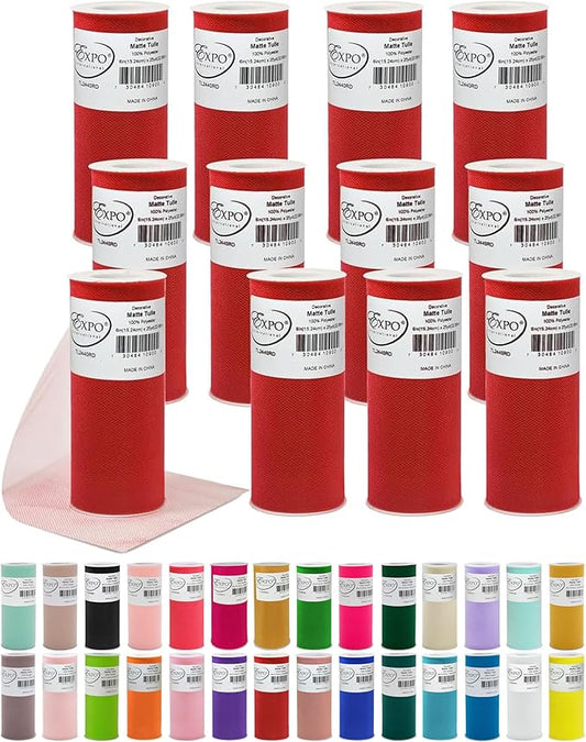 Expo International Decorative Matte Tulle, Lightweight Polyester Tulle Fabric for Tutus, Costumes, and Party Decorations, Washable, Easy-to-Use, 6 Inch x 25 Yards, Red, Pack of 12