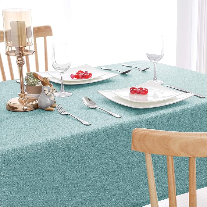 Hiasan Faux Linen Rectangle Tablecloth - Wrinkle and Stain Resistant Washable Table Cloth for Kitchen Dining Room Holiday Table Cover for Party Dinner, Aqua, 54 x 80 Inch