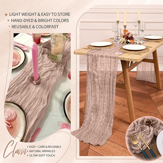 10 Pack Dusty Pink Cheesecloth Table Runner 10FT Boho Gauze Cheese Cloth Table Runners Romantic Rustic Sheer Table Decorations for Wedding Party Baby Shower Birthday Holiday Home