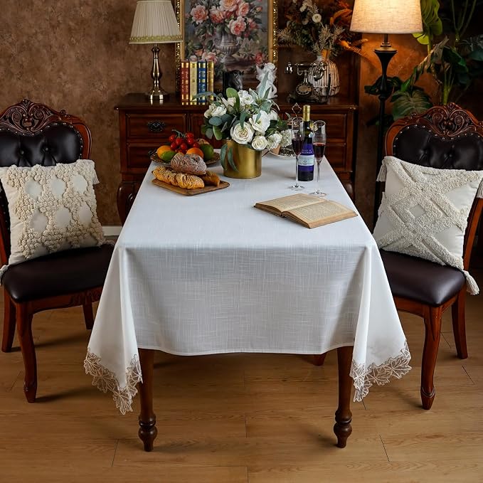ARTABLE Lace Tablecloth Linen Fabric White Rectangle Table Cloth Fall Christmas Washable Table Cover for Kitchen Home Picnic Indoor Outdoor Camping Dining Decor (Offwhite, 60 x 84 Inch)
