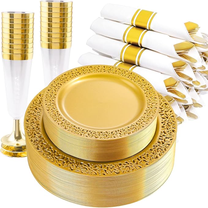 DaYammi 210Pcs Solid Gold Disposable Plates with Silverware and Cups,Gold Plastic Plates for Party Include: 30 Dinner Plate,30 Dessert Plate,30 Rolled Napkins with Cutlery,30 Cups for Party Wedding