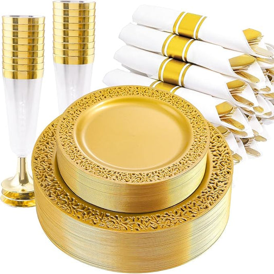 DaYammi 210Pcs Solid Gold Disposable Plates with Silverware and Cups,Gold Plastic Plates for Party Include: 30 Dinner Plate,30 Dessert Plate,30 Rolled Napkins with Cutlery,30 Cups for Party Wedding