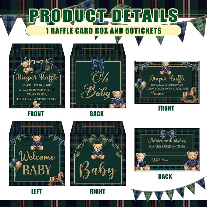Teling 51 Pieces Diaper Raffle Tickets Box with Card Baby Shower Decorations Gender Reveal Holder Box for Girl Boy Diaper Raffle Party (Blue Green Tartan Plaid We Can Bearly Wait Style)
