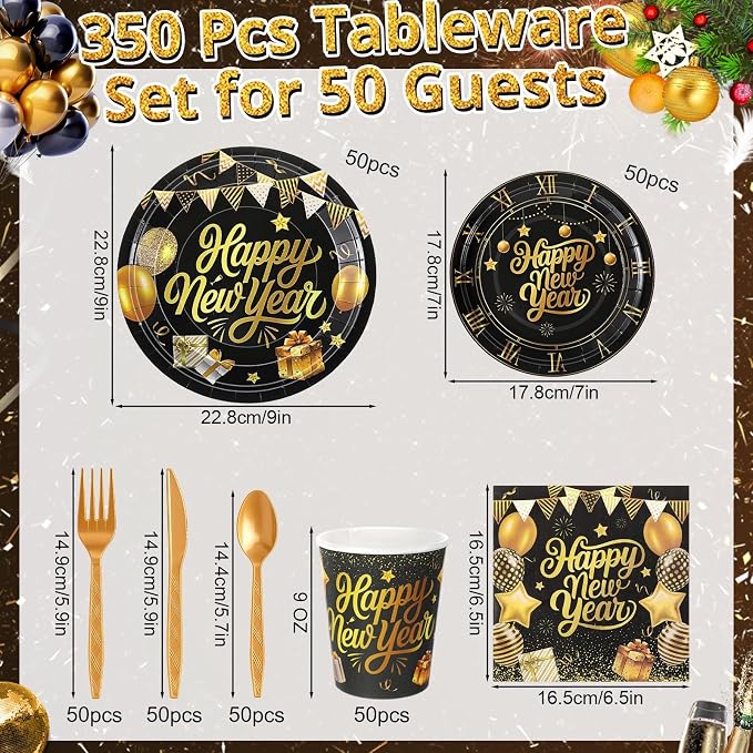 Zhehao 350 Pcs Happy New Year Party Supplies Tableware 2026 New Years Eve Dinnerware Set for 50 Guests Disposable Black Gold Paper Plates, Napkin, Cup, Knife, Fork and Spoon for Celebration (Balloon)