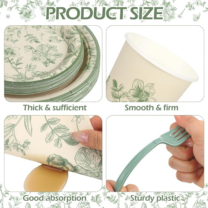 Kochorie 400 Pieces Sage Green Disposable Tableware Sets, Green and White Flower Party Supplies Set with Plates Cups Napkins Cutlery Serves 50 for Wedding Birthday Bridal Shower Party Decorations
