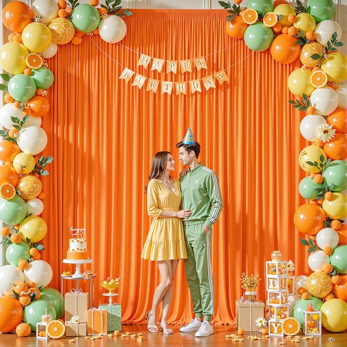 2 Panels Orange Backdrop Curtains - Wrinkle Free Fabric Backdrop Curtain for Photoshoot, 10FT Wedding Party Photo Backdrop Drapes for Birthday Baby Shower Photography Stage Background Decorations