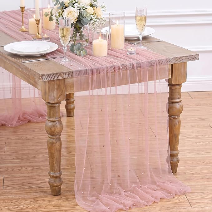 Gauze Table Runner Pearl Tulle Centerpieces Fabric: Blush Pink 10ft Wedding Veil Seasonal Dessert Chiffon Pearl Lace Boho Overlay Romantic Wedding Aisle Runner Party Decorations Doilies