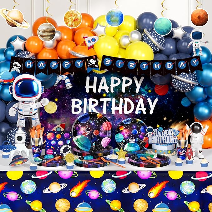 Hombae Outer Space Birthday Party Decorations, Space Themed Party Supplies with Balloons, Backdrop, Dinner & Dessert Plates, Banner, Tablecloth, Cups, Napkins, Cutlery for Kids Birthday