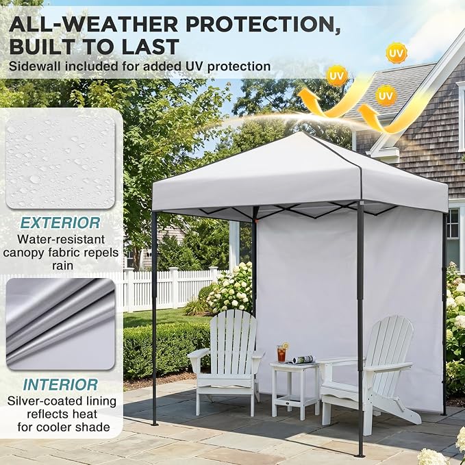 EAGLE PEAK 6x4 Instant Pop Up Canopy Tent with 1 Side Wall Panel, Straight Leg Sun Shelter, Portable Canopy with Carry Bag for Camping, Beach & Sports, White
