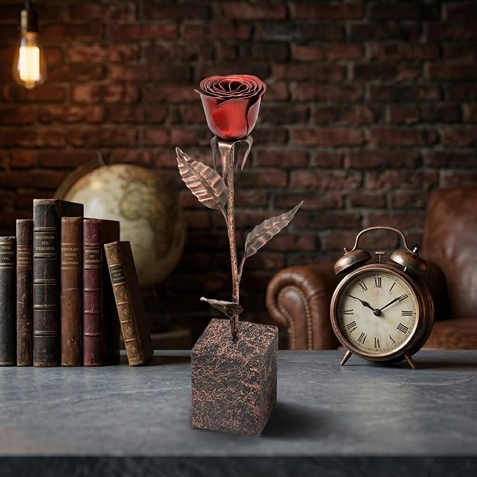 Bronze Anniversary Rose – 8th & 19th Wedding Anniversary Keepsake – Solid Copper Rose with Deep Red Bloom – 12 Inch Handcrafted Flower